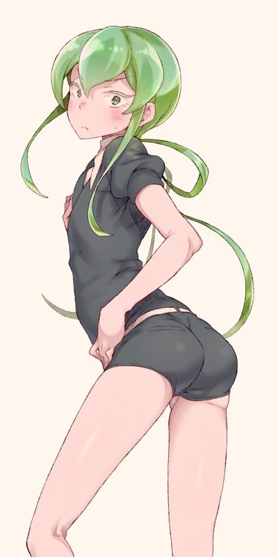 androgynous ass blush collagen flat_chest formal green_hair houseki_no_kuni jade_(houseki_no_kuni) long_hair looking_back short_shorts shorts simple_background suit