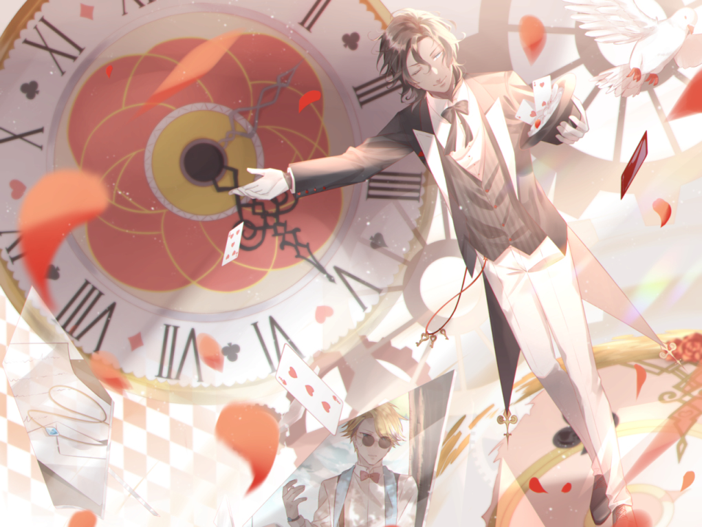 2boys alternate_costume bird blonde_hair blue_eyes bow bowtie brown_hair cards chest chio_(akiciou) chocolate_(food_fantasy) clock coffee_(food_fantasy) dark_skin dove flower food_fantasy formal gloves hat keys lying magician multiple_boys official_art open_clothes open_shirt playing_cards roses smile solo_focus suit sunglasses vest