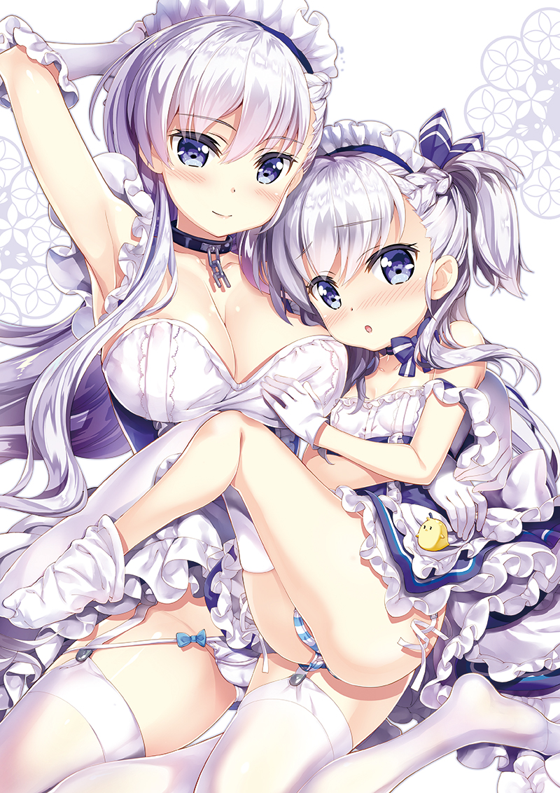 :o animal apron arm_up armpits asymmetrical_legwear azur_lane bangs bare_shoulders belchan_(azur_lane) belfast_(azur_lane) bird blue_dress blue_eyes blush braid breasts chick cleavage closed_mouth collarbone commentary_request dress dual_persona elbow_gloves eyebrows_visible_through_hair frilled_apron frilled_dress frills fujima_takuya gloves hair_between_eyes large_breasts long_hair looking_at_viewer maid maid_headdress multiple_girls no_shoes nose_blush one_side_up panties parted_lips silver_hair sleeveless sleeveless_dress smile striped striped_panties thighhighs thighhighs_pull underwear very_long_hair waist_apron white_apron white_background white_gloves white_legwear white_panties