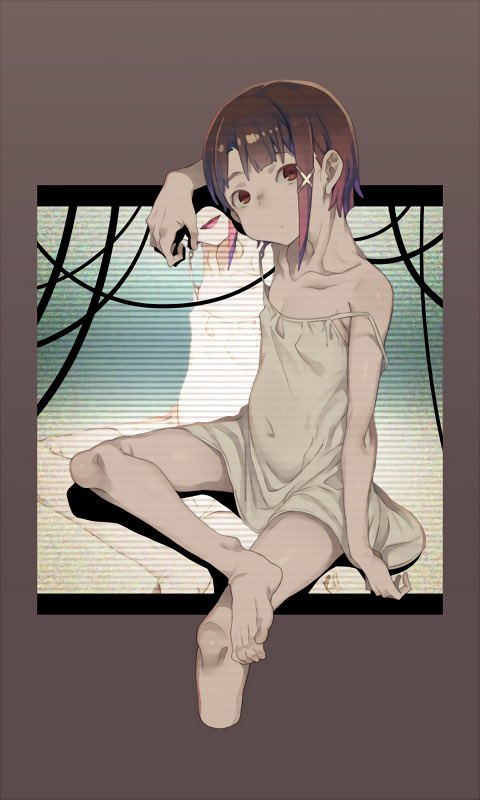 1girl asymmetrical_hair breasts brown_eyes brown_hair cable camisole collagen dress feet gradient gradient_background iwakura_lain looking_at_viewer navel serial_experiements_lain sitting small_breasts smile spread_legs white_dress
