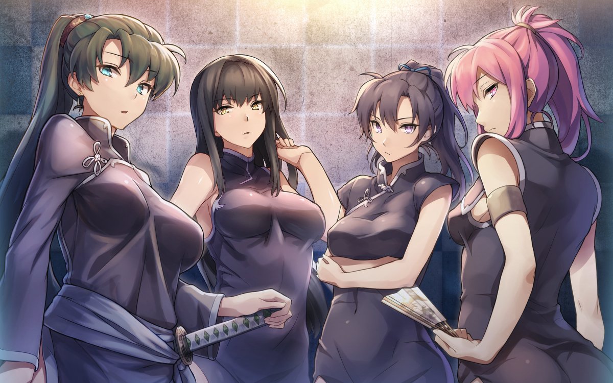 bare_shoulders black_eyes black_hair blush breasts dress fingerless_gloves fir fire_emblem fire_emblem:_fuuin_no_tsurugi fire_emblem:_rekka_no_ken fire_emblem:_seima_no_kouseki fire_emblem_heroes gloves green_eyes green_hair hair_ribbon karla katana large_breasts long_hair looking_at_viewer lyndis_(fire_emblem) marica_(fire_emblem) medium_breasts multiple_girls pink_hair ponytail purple_eyes purple_hair ribbon shinon_(tokage_shuryou) side_slit simple_background sword very_long_hair weapon