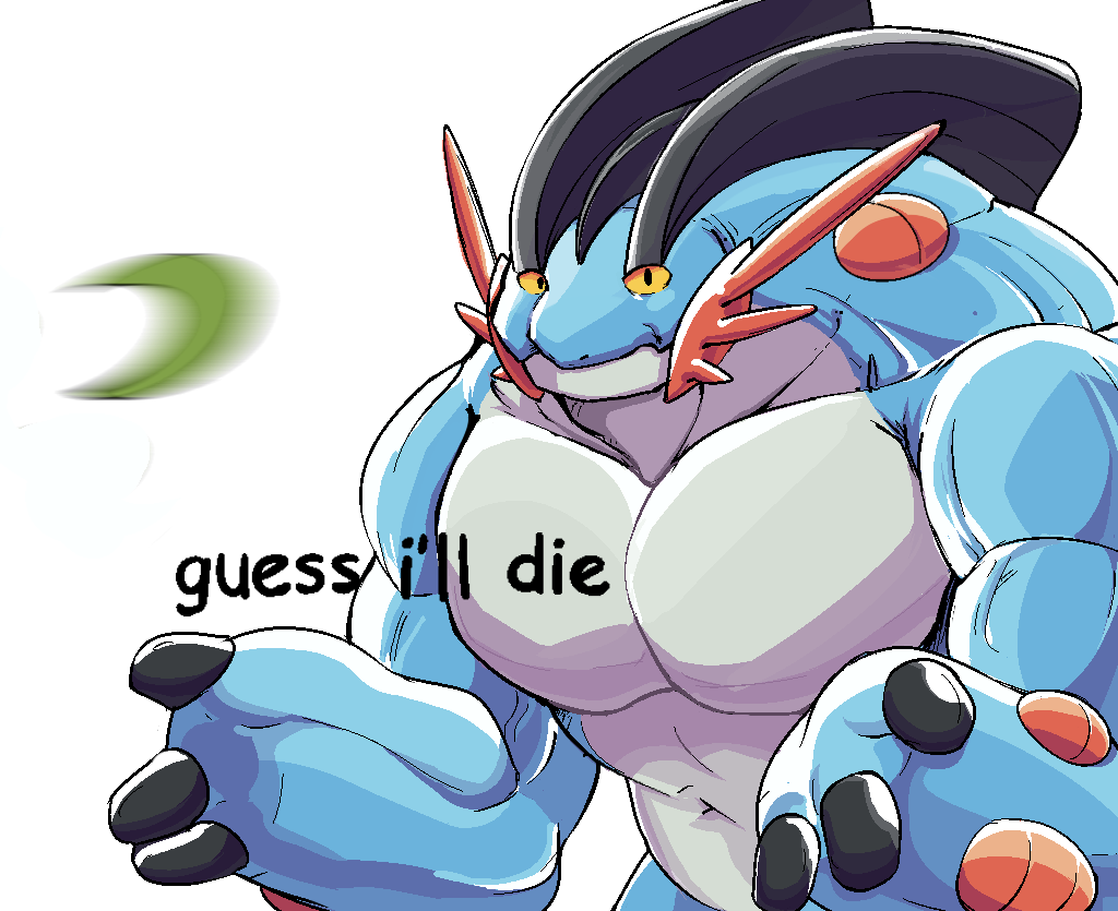 2018 3_fingers amphibian anthro barazoku biceps big_muscles biped black_eyes blue_skin collarbone comic_sans countershade_face countershade_torso countershading daily-incineroar digital_drawing_(artwork) digital_media_(artwork) english_text external_gills fin frown gills grey_countershading grey_skin guess_i'll_die half-length_portrait humor icon image_macro imminent_death looking_at_viewer male mega_evolution mega_swampert meme motion_blur multicolored_skin muscular muscular_male navel neck_muscles nintendo nude parody pecs pok&eacute;mon pok&eacute;mon_(species) portrait razor_leaf reaction_image shrug simple_background solo standing text two_tone_skin video_games white_background yellow_sclera