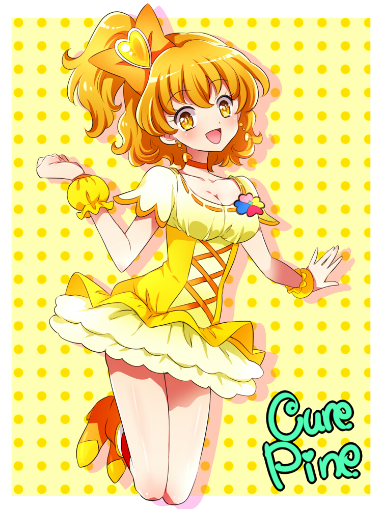 :d bangs boots bow breasts character_name choker cleavage commentary_request cure_pine dress earrings eyebrows_visible_through_hair fresh_precure! hair_bow hair_ornament heart heart_earrings heart_hair_ornament high_heel_boots high_heels high_ponytail jewelry jumping kagami_chihiro looking_at_viewer magical_girl medium_breasts open_mouth orange_choker orange_hair partial_commentary polka_dot polka_dot_background precure shiny shiny_hair shiny_skin short_dress short_hair short_sleeves side_ponytail smile solo two-tone_background wrist_cuffs yamabuki_inori yellow_background