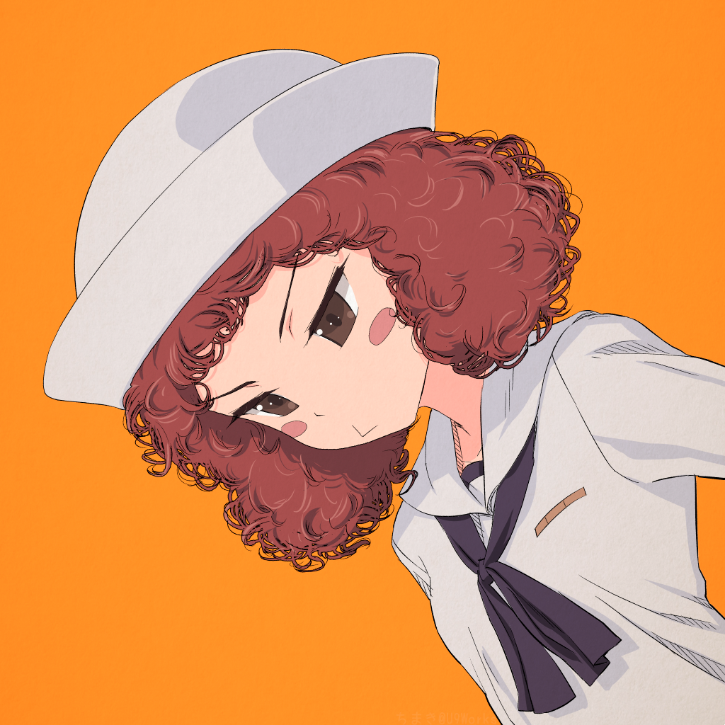 akagi_(fmttps) blouse blush_stickers closed_mouth commentary curly_hair dixie_cup_hat frown girls_und_panzer hat long_sleeves looking_to_the_side military_hat navy_blue_neckwear neckerchief ooarai_naval_school_uniform orange_background red_eyes red_hair rum_(girls_und_panzer) sailor sailor_collar school_uniform short_hair solo standing upper_body white_blouse white_hat