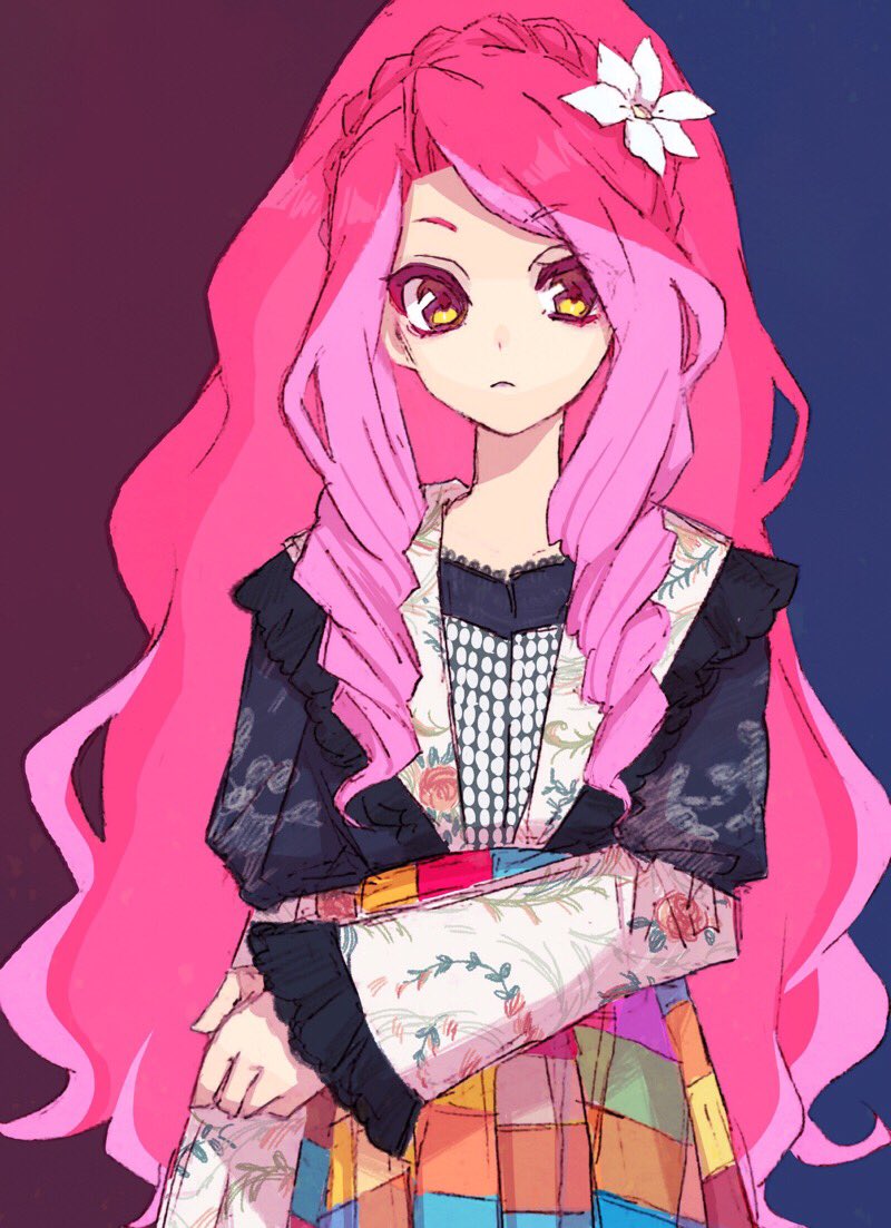 aikatsu!_(series) aikatsu_stars! blouse braid brown_eyes commentary crown_braid drill_hair elza_forte eyebrows_visible_through_hair fashion flower hair_flower hair_ornament long_hair long_sleeves looking_away multicolored_hair pink_hair sidelocks skirt sleeves_past_wrists solo two-tone_background two-tone_hair upper_body very_long_hair yamamotimoti