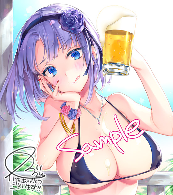 1girl alcohol bangs bikini black_bikini black_flower black_rose blue_eyes blue_sky blush bracelet breasts cleavage commentary_request cup dagashi_kashi eyebrows_visible_through_hair flower flower_bracelet hair_flower hair_ornament hairband holding holding_cup jewelry kaguyuzu large_breasts licking_lips looking_at_viewer nail_polish necklace outdoors purple_hair railing ringed_eyes rose sample shidare_hotaru short_hair sky smile swimsuit tongue tongue_out underboob