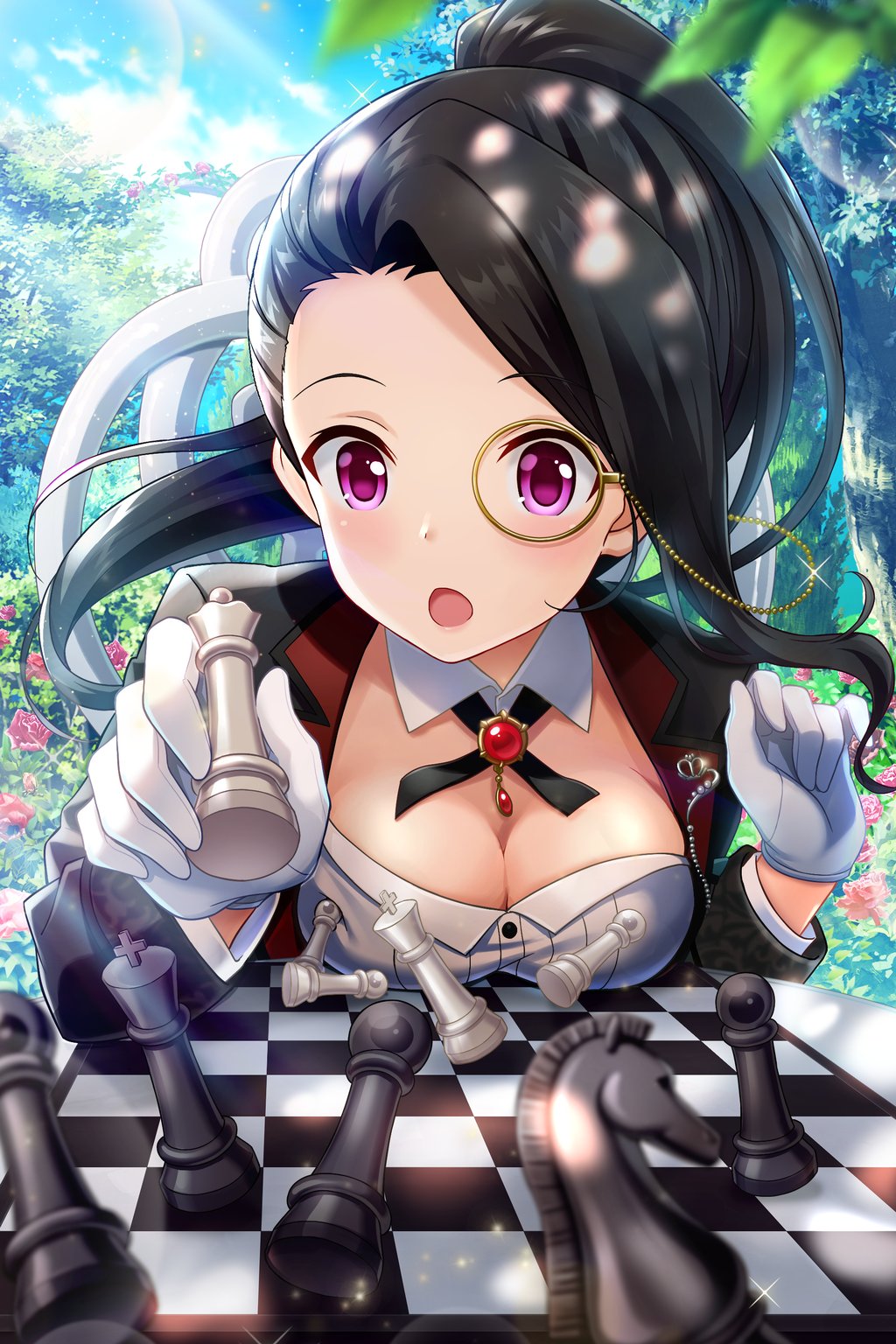 alternative_girls black_jacket blush board_game breasts brown_hair chess chess_piece cleavage dappled_sunlight day detached_collar female_butler flower gem gloves high_ponytail highres inconvenient_breasts jacket king_(chess) knight_(chess) leaf long_hair long_sleeves looking_at_viewer medium_breasts monocle official_art open_clothes open_jacket open_mouth outdoors pawn pink_flower pink_rose pov_across_table purple_eyes queen_(chess) red_flower red_rose rose saionji_rei solo sunlight white_gloves