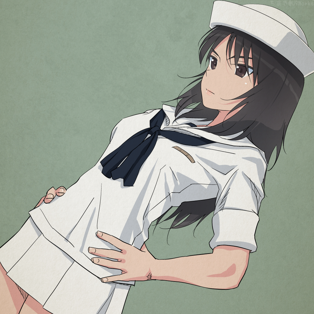 akagi_(fmttps) bangs black_eyes black_hair black_neckwear blouse closed_mouth commentary cowboy_shot dixie_cup_hat dutch_angle girls_und_panzer green_background hands_on_hips hat light_frown long_hair long_sleeves looking_to_the_side military_hat miniskirt murakami_(girls_und_panzer) neckerchief ooarai_naval_school_uniform pleated_skirt sailor_collar school_uniform skirt sleeves_rolled_up solo standing white_blouse white_hat white_skirt
