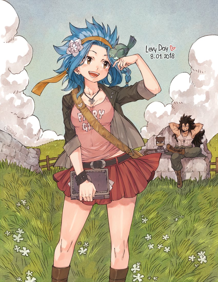 1girl 2018 :d armpits arms_behind_head bird bird_on_hand black_hair blue_hair boots borrowed_garments breasts brown_footwear brown_hairband brown_jacket brown_pants cat cleavage cloud collarbone dated day fairy_tail flower gajeel_redfox grey_shirt hair_flower hair_ornament hairband holding jacket jewelry levy_mcgarden long_hair medium_breasts miniskirt necklace open_clothes open_jacket open_mouth outdoors pantherlily pants pink_shirt pleated_skirt red_skirt rusky shirt skirt sleeveless sleeveless_shirt smile spiked_hair very_long_hair white_flower