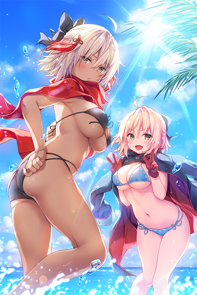 :d adjusting_clothes adjusting_swimsuit ahoge ass banned_artist bikini bikini_day blonde_hair blue_bikini blue_sky blush bow breasts brown_eyes cleavage commentary_request dark_skin day double_w eyebrows_visible_through_hair fate/grand_order fate_(series) from_side front-tie_bikini front-tie_top gloves hair_between_eyes hair_bow half_updo horizon jacket_on_shoulders konomi_(kino_konomi) large_breasts leaning_forward leg_up looking_at_viewer multi-strapped_bikini multiple_girls navel okita_souji_(alter)_(fate) okita_souji_(fate)_(all) open_mouth outdoors red_scarf scarf side-tie_bikini sky smile sunlight swimsuit tassel underboob v-shaped_eyebrows w water_drop white_hair