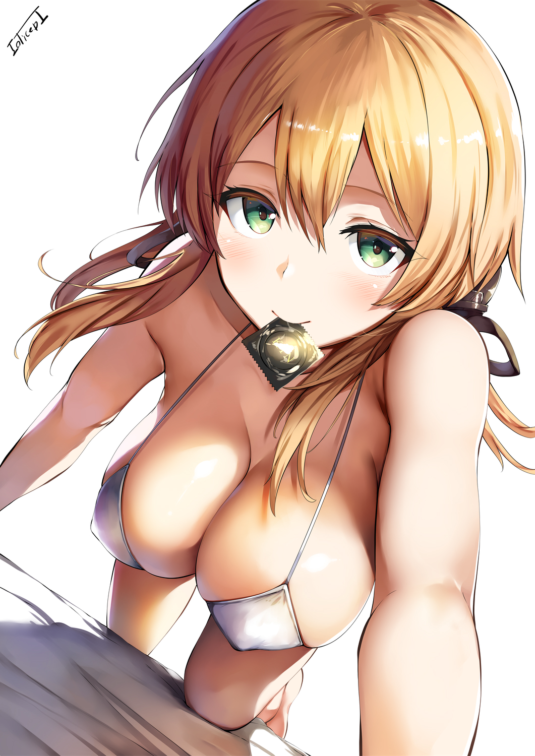 1girl all_fours artist_name bangs bare_legs bare_shoulders bikini_top black_ribbon blonde_hair blush breasts cleavage closed_mouth collarbone commentary_request condom condom_in_mouth dutch_angle foreshortening green_eyes hair_between_eyes hair_ribbon hanging_breasts highres kantai_collection large_breasts lolicept long_hair looking_at_viewer low_twintails mouth_hold prinz_eugen_(kantai_collection) ribbon sidelocks simple_background smile solo string_bikini twintails white_background white_bikini_top
