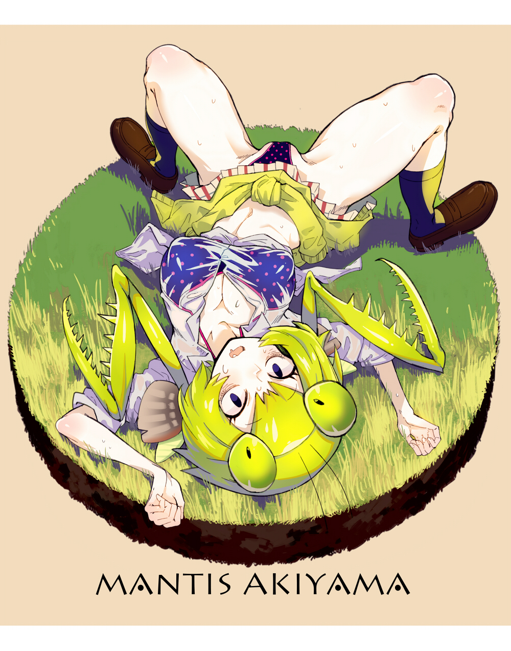 1girl antennae bags_under_eyes borrowed_character extra_arms extra_eyes female green_hair insect_girl koutamii legs loafers lying monster_girl on_back on_ground open_mouth original panties partially_visible_vulva shoes solo thighs underwear