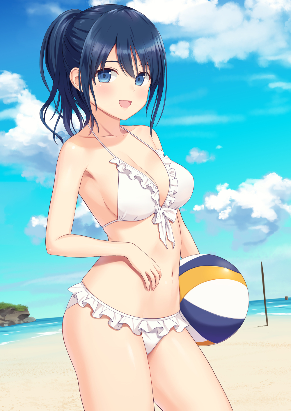 :d ball banned_artist beach beachball bikini blue_eyes blue_hair blue_sky breasts cleavage cloud contrapposto cowboy_shot day dutch_angle frilled_bikini frills front-tie_bikini front-tie_top highres looking_at_viewer medium_breasts medium_hair n.g. open_mouth original outdoors ponytail sky smile solo standing swimsuit white_bikini