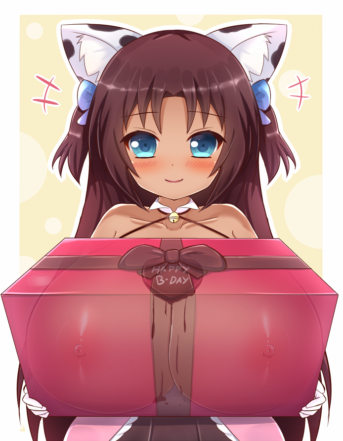 1girl animal_ears animal_print areolae bell blue_bow blue_eyes blush boobs_in_a_box bow breasts breasts_on_tray brown_hair cat_ears chocolate chocolate_heart chocolate_on_breasts collar cow_print dark_skin dress elbow_gloves female gift gloves hair_bow hair_ornament halterneck happy_birthday heart huge_breasts kane-neko long_hair looking_at_viewer original pink_dress pov shiny shiny_hair shiny_skin smile solo standing two_side_up upper_body white_gloves wing_collar