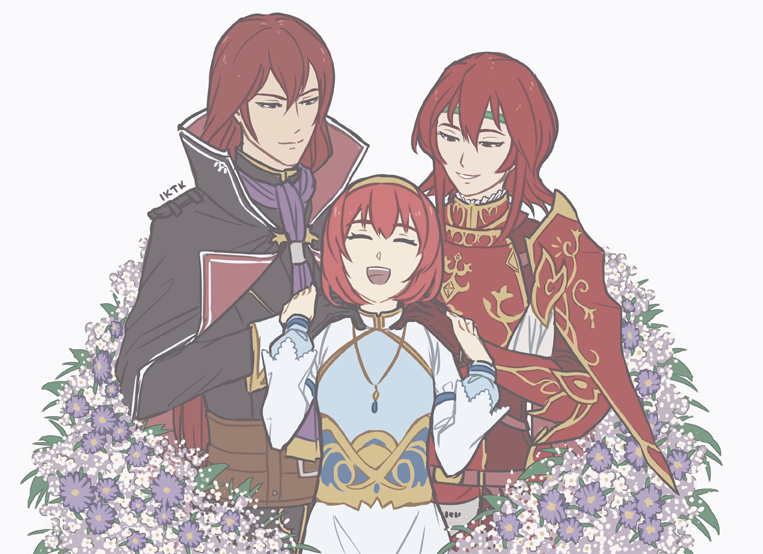 2girls armor blush brother_and_sister cape closed_eyes fire_emblem fire_emblem:_monshou_no_nazo flower gloves headband ika_tko long_hair maria_(fire_emblem) minerva_(fire_emblem) misheil_(fire_emblem) multiple_girls open_mouth red_armor red_eyes red_hair short_hair siblings simple_background sisters smile