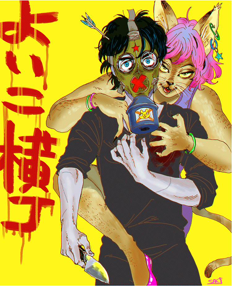 anthro arrow black_hair blood blue_eyes bracelet cat clawing clothed clothing digital_media_(artwork) duo ear_piercing feline female fur gas_mask hair human interspecies japanese_text jewelry kaneoya_sachiko knife male mammal mask piercing pink_hair shirt simple_background standing stitches tank_top text whiskers yellow_background yellow_sclera