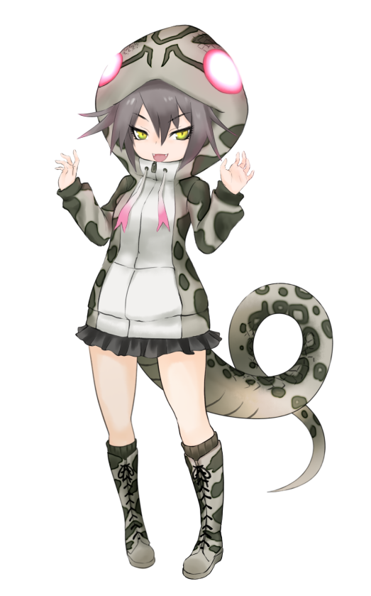 :d boots drawstring eyebrows_visible_through_hair fangs full_body glowing grey_hair habu_(kemono_friends) hair_between_eyes hands_up hood hood_up hoodie ise_(0425) kemono_friends knee_boots looking_at_viewer open_mouth print_hoodie simple_background smile snake_print snake_tail solo standing tail v-shaped_eyebrows white_background yellow_eyes