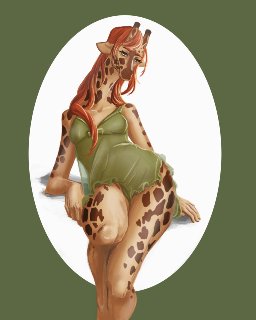 2018 5_fingers allaros anthro bottomless breasts chemise clothed clothing digital_media_(artwork) female giraffe hair long_hair mammal orange_hair sitting solo