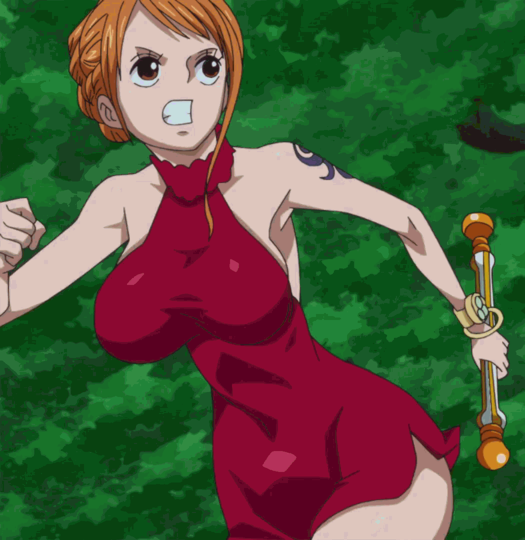 The Big ImageBoard (TBIB) - animated bare arms bare shoulders breasts brown  eyes curvy forest gif holding holding weapon huge breasts jiggle large  large breasts nami (one piece) nature one piece orange