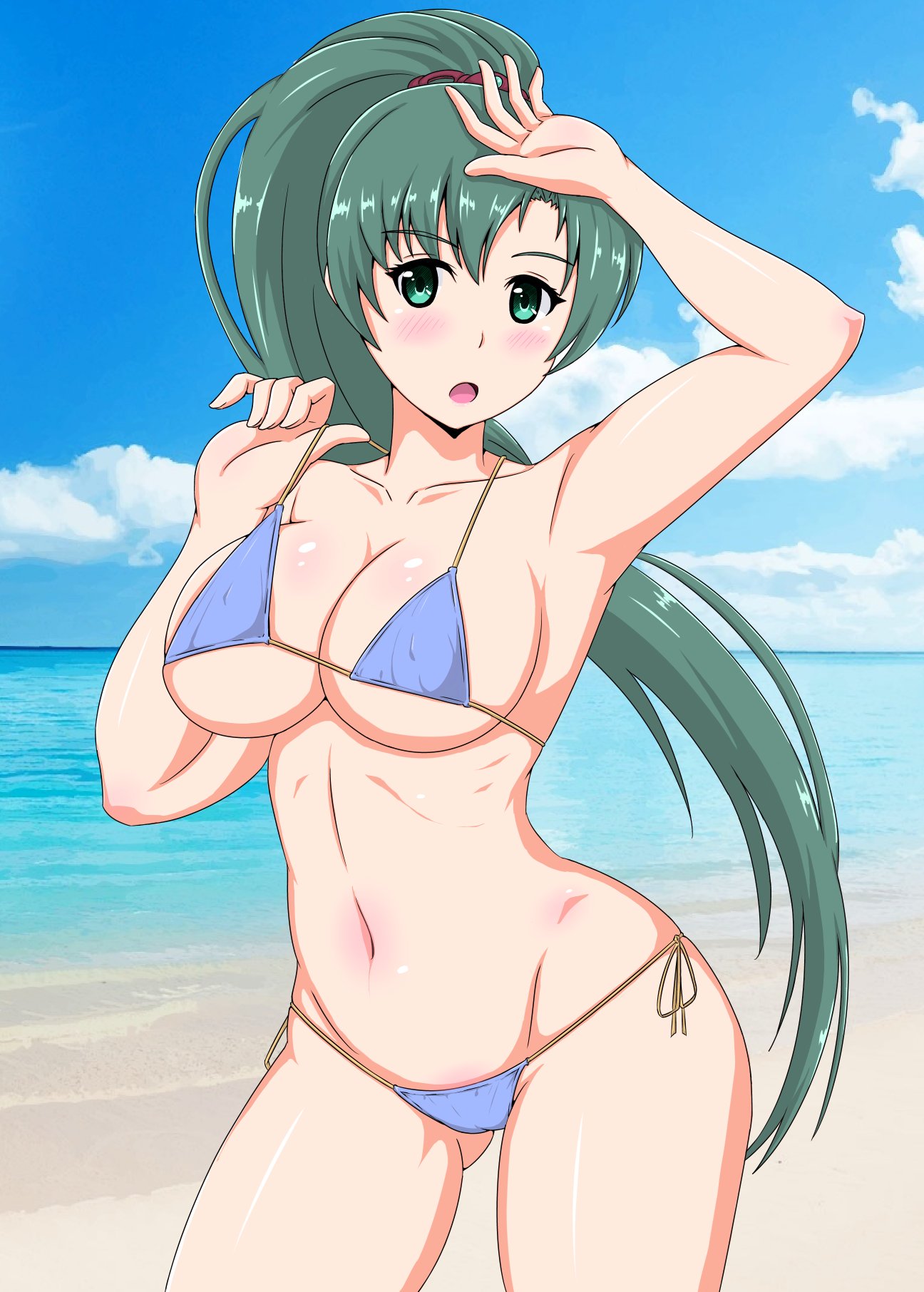 1girl :o alternate_costume arm arm_up armpits artist_request bare_arms bare_legs bare_shoulders beach bikini bikini_pull blue_bikini blue_swimsuit blush breasts cleavage cloud collarbone day female fire_emblem fire_emblem:_rekka_no_ken green_eyes green_hair hand_up large_breasts legs long_hair looking_at_viewer lyndis_(fire_emblem) midriff mound_of_venus navel neck nintendo ocean open_mouth outdoors ponytail sand sea side-tie_bikini sky solo standing swimsuit underboob