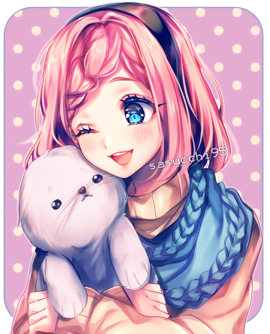 ;d blue_eyes blue_scarf blush braid brown_sweater commission hair_ornament hairband hug one_eye_closed open_mouth original pink_hair sasucchi95 scarf seal short_hair smile sweater