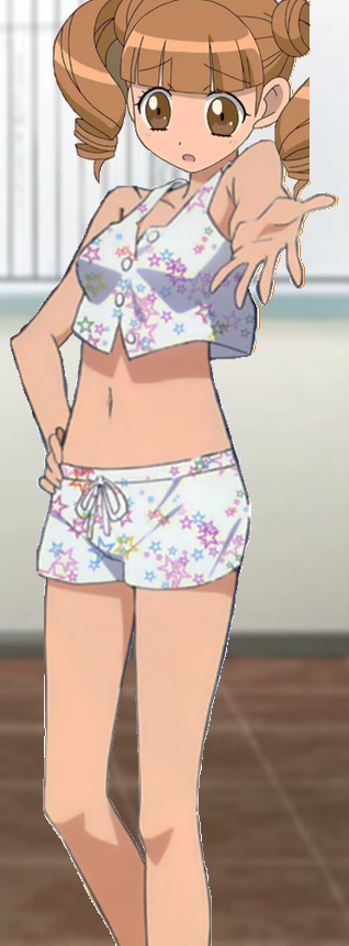 bikini_shorts brown_eyes brown_hair hand_on_hip headshop long_hair onegai_my_melody open_mouth outstretched_hand screencap self_upload short_shorts shorts star star_print swimsuit third-party_edit twintails yumeno_uta