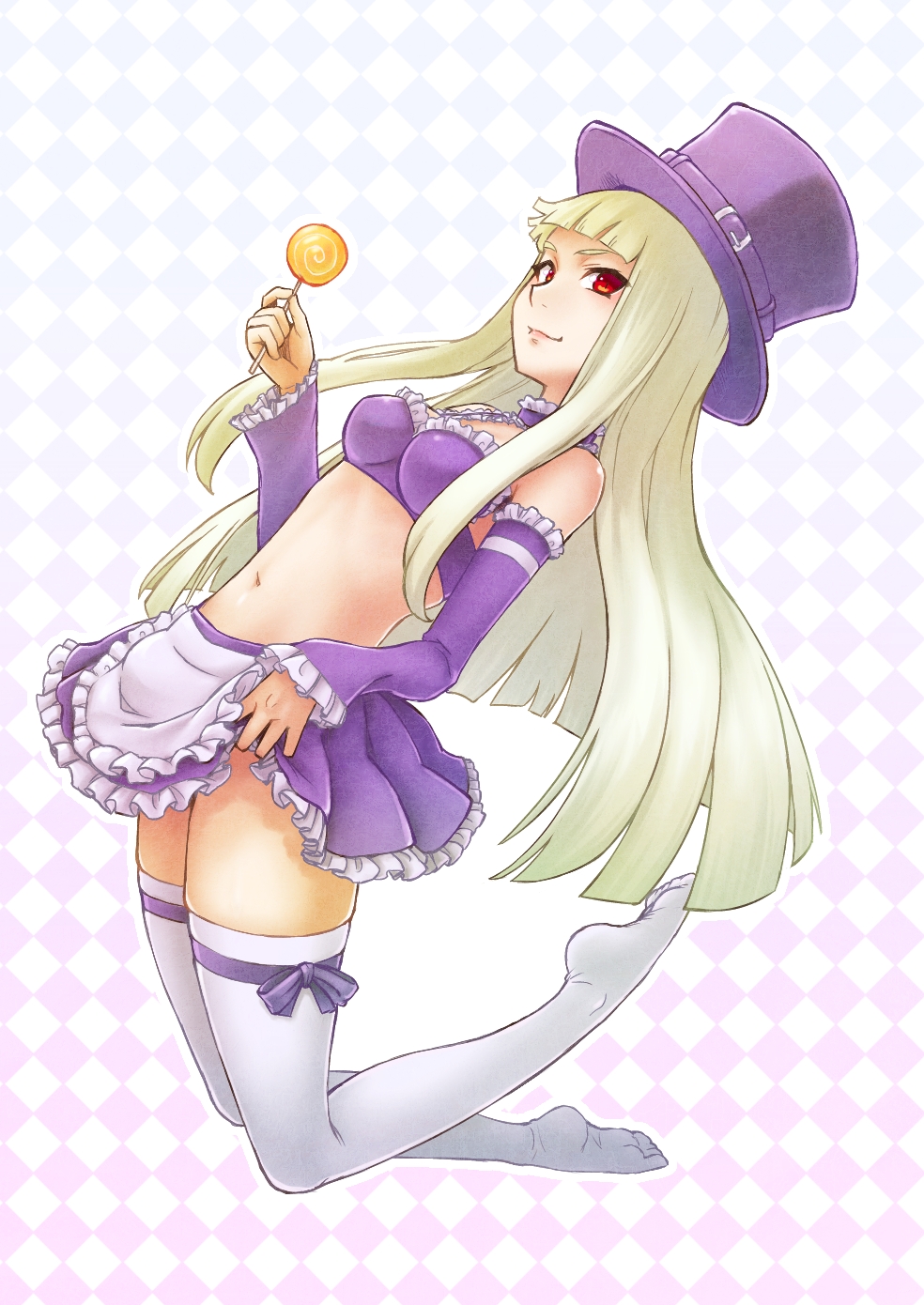 bra candy capcom_fighting_jam commentary_request detached_sleeves food hat highres ingrid kuro_ari_(pixiv) lace lace-trimmed_bra lace-trimmed_skirt lace-trimmed_sleeves lollipop long_hair midnight_bliss no_shoes red_eyes ribbon-trimmed_thighhighs skirt solo swirl_lollipop thighhighs top_hat underwear white_hair white_legwear