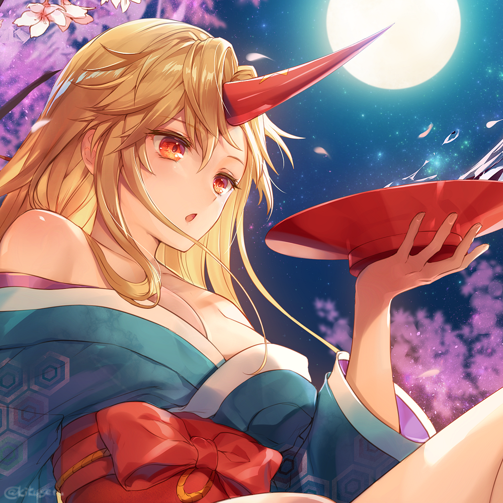 1girl :o alternate_costume artist_name bangs bare_shoulders blonde_hair blue_kimono branch breasts cherry_blossoms cleavage commentary_request cup eyebrows_visible_through_hair hair_between_eyes hand_up holding holding_cup horn hoshiguma_yuugi hoshiguma_yuugi_(promo) japanese_clothes kikugetsu kimono large_breasts long_hair long_sleeves night night_sky obi off_shoulder outdoors parted_lips red_eyes red_sash sakazuki sash sidelocks sitting sky solo star_(sky) starry_sky thighs touhou twitter_username upper_body wide_sleeves