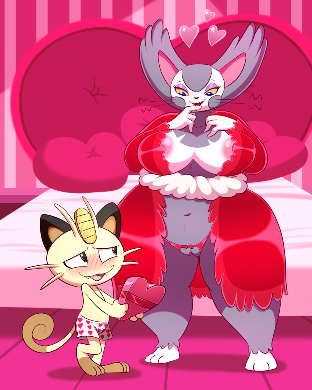 &lt;3 2019 anthro areola big_breasts black_eyes blue_eyes blush boxers_(clothing) breasts clothing crotchless_panties fangs female holidays larger_female lonbluewolf male meowth nintendo open_mouth panties pok&eacute;mon pok&eacute;mon_(species) purugly pussy size_difference smaller_male teeth tongue underwear valentine's_day video_games yellow_sclera