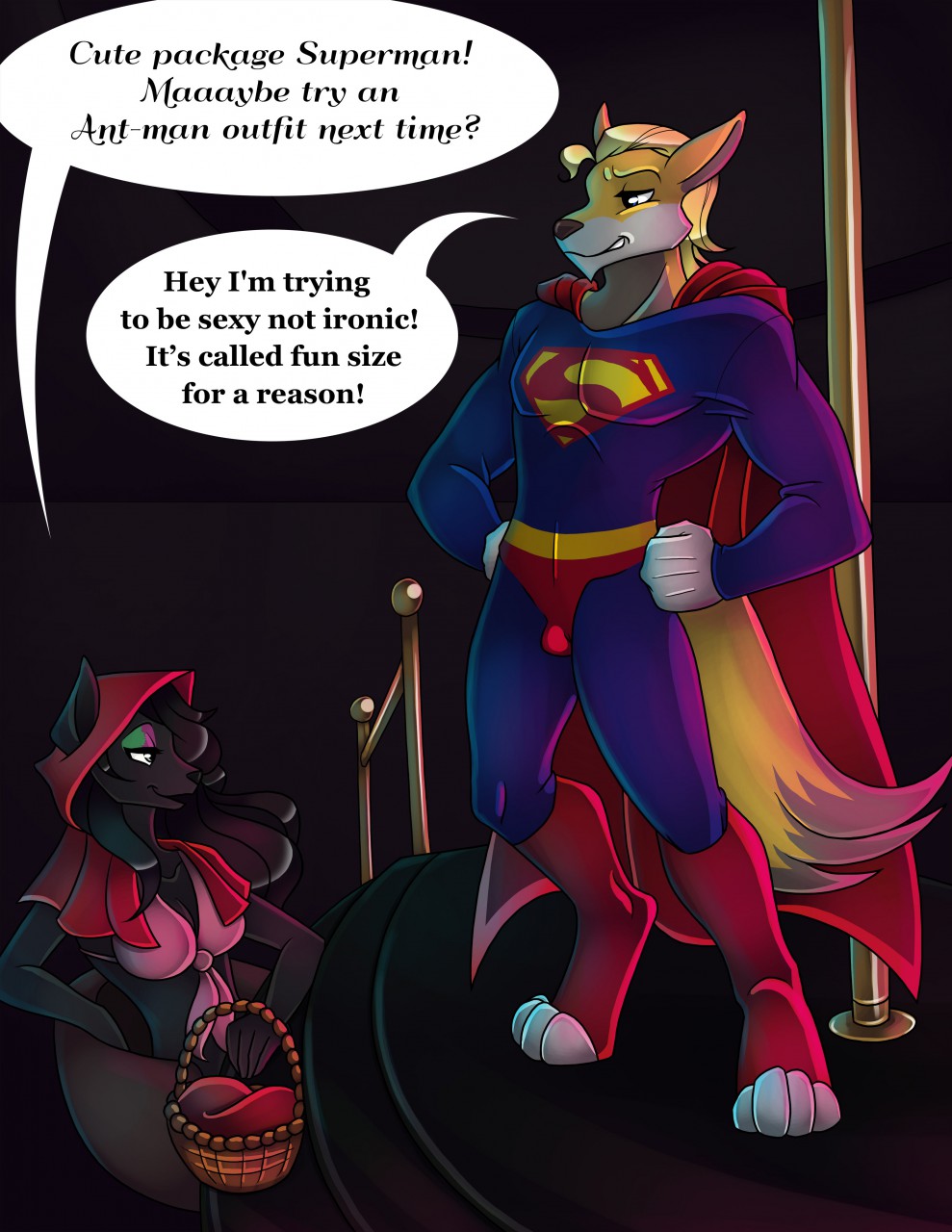 anthro bambina blake breasts bulge canid canine clothed clothing costume duo female fox hi_res male mammal snow_shine stage stripper superman