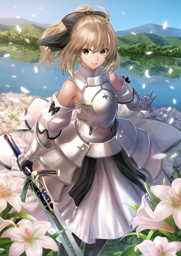 ahoge armor armored_dress artoria_pendragon_(all) bad_id bad_pixiv_id blonde_hair bow breastplate caliburn day detached_sleeves fate/grand_order fate_(series) faulds field flower flower_field gauntlets gloves green_eyes hair_bow holding holding_sword holding_weapon outdoors ponytail saber_lily sky smile solo standing sword takemori_shintarou weapon white_flower