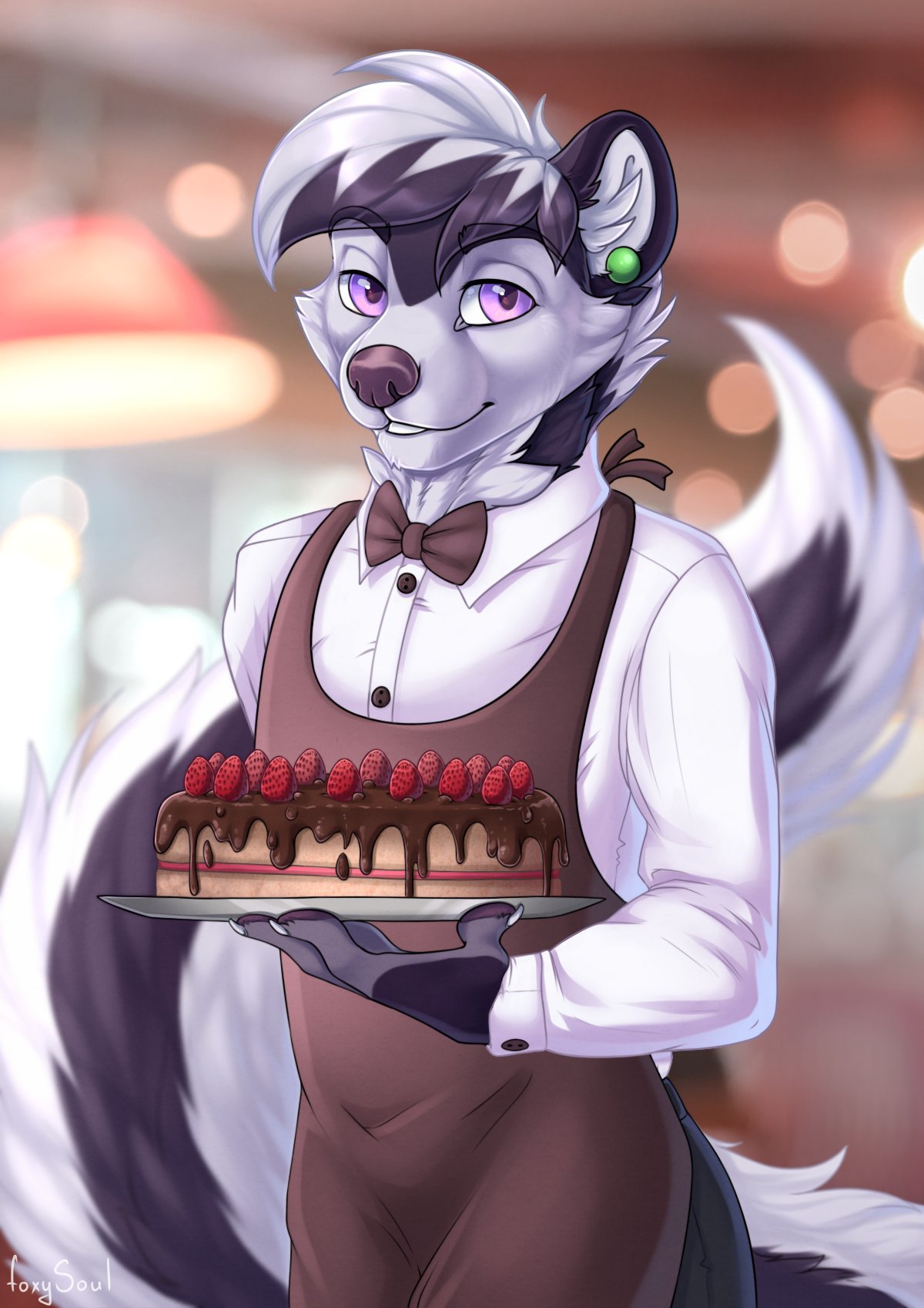 2017 anthro apron ayken big_tail black_fur black_hair black_nose black_tail bow_tie cake cheek_tuft claws clothed clothing digital_media_(artwork) ear_piercing eyebrows eyebrows_visible_through_hair food foxysoul front_view fully_clothed fur hair hi_res holding_object long_tail looking_at_viewer male mammal mephitid multicolored_fur multicolored_hair multicolored_tail piercing purple_eyes short_hair skunk solo standing tuft two_tone_fur two_tone_hair two_tone_tail waiter white_claws white_fur white_hair white_tail