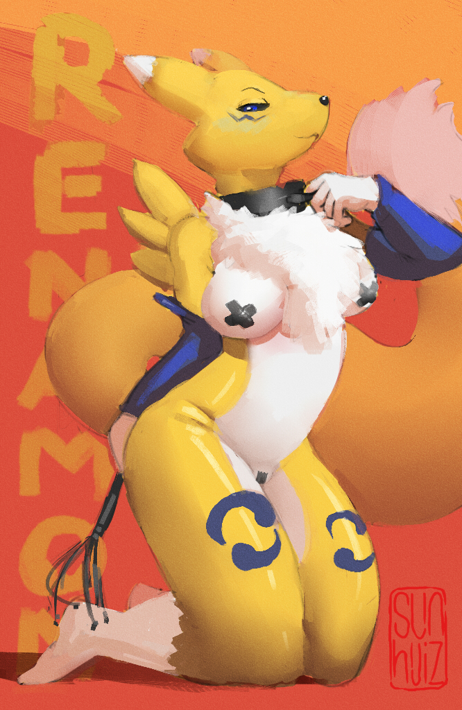 breasts canine clothed clothing collar digimon digimon_(species) female holding_object holding_whip mammal nipple_tape pasties pussy_tape renamon skimpy solo sunhuiz tape whip
