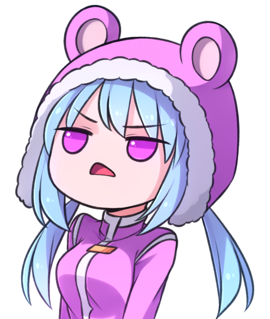1girl animal_hood blue_hair chibi d: eyebrows_visible_through_hair fur-trimmed_hood hood jitome long_hair looking_away low_twintails nixie_(rabi_ribi) open_mouth pink_coat pink_eyes rabi-ribi solo speckticuls transparent_background triangle_mouth twintails upper_body
