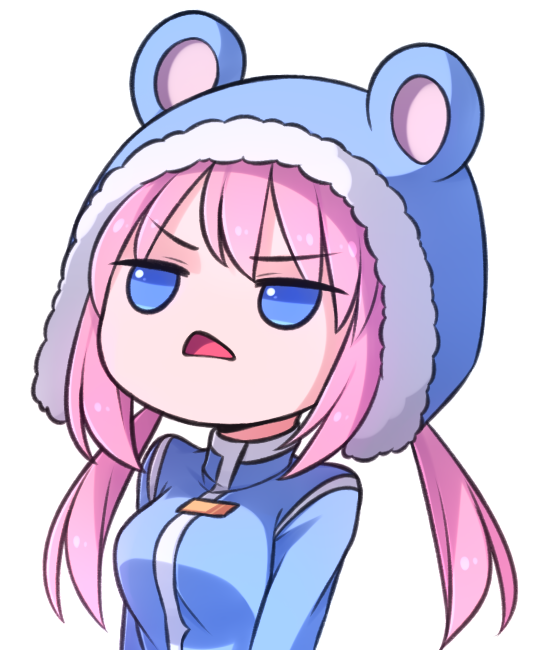 1girl animal_hood blue_coat blue_eyes chibi d: eyebrows_visible_through_hair fur-trimmed_hood hood jitome long_hair looking_away low_twintails nieve_(rabi_ribi) open_mouth pink_hair rabi-ribi solo speckticuls transparent_background triangle_mouth twintails upper_body