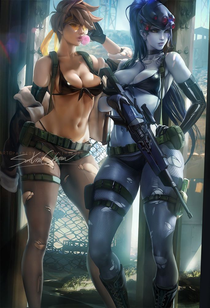banned_artist bikini black_bikini black_gloves breasts bubble_blowing cleavage commentary cosplay elbow_gloves front-tie_bikini front-tie_top gloves gun harness headband holding holding_weapon holster looking_to_the_side metal_gear_(series) metal_gear_solid_v multiple_girls navel overwatch pantyhose purple_skin quiet_(metal_gear) quiet_(metal_gear)_(cosplay) rifle sakimichan sniper_rifle stomach sunglasses swimsuit thigh_strap toned torn_clothes torn_legwear tracer_(overwatch) weapon widowmaker_(overwatch)