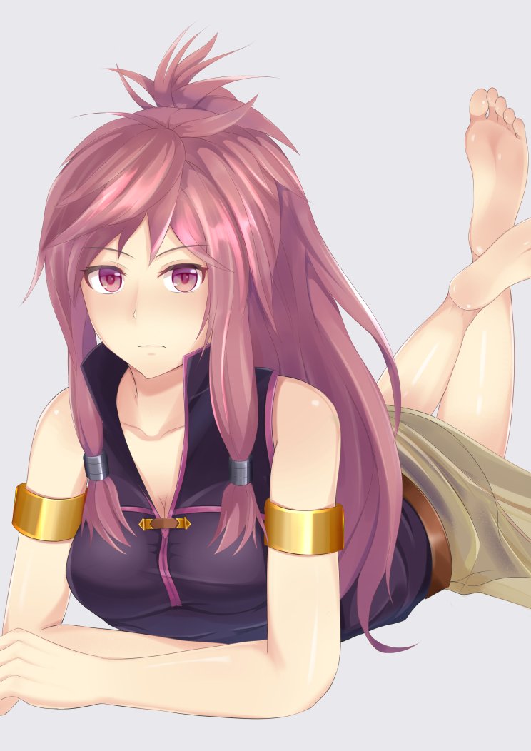 10s 1girl 2018 armlet bangs barefoot breasts dress eyebrows_visible_through_hair feet fire_emblem fire_emblem:_seima_no_kouseki long_hair lying marica_(fire_emblem) nintendo on_stomach pink_eyes pink_hair ponytail shiny shiny_hair shiny_skin sidelocks sleeveless sleeveless_dress soles the_pose