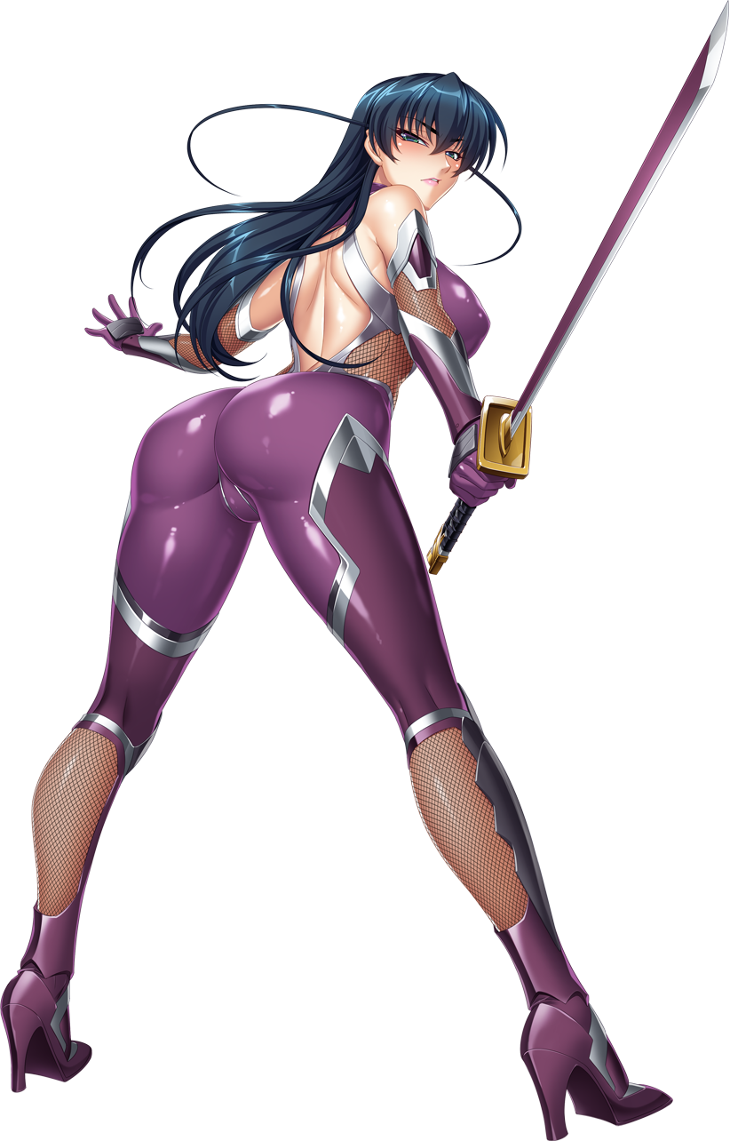 aqua_eyes ass bangs bare_shoulders blue_hair bodysuit breasts elbow_gloves fishnets full_body gloves highres holding holding_sword holding_weapon igawa_asagi impossible_bodysuit impossible_clothes kagami_hirotaka katana large_breasts lilith-soft lipstick long_hair looking_back makeup official_art parted_lips shiny shiny_clothes shiny_hair shiny_skin skin_tight sleeveless solo sword taimanin_(series) taimanin_asagi thighhighs transparent_background weapon