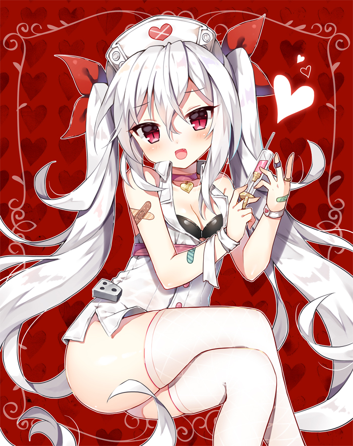 :d azur_lane bandaid_on_arm bandaid_on_hand bangs bare_shoulders bikini_top black_bikini_top blush breasts cleavage commentary crossed_bandaids crossed_legs dress eyebrows_visible_through_hair fang hair_between_eyes hair_ribbon hat head_tilt heart heart_background holding holding_syringe long_hair looking_at_viewer mauve nurse_cap open_mouth red_background red_eyes red_ribbon ribbon silver_hair sleeveless sleeveless_dress small_breasts smile solo syringe thighhighs twintails vampire_(azur_lane) very_long_hair white_dress white_hat white_legwear