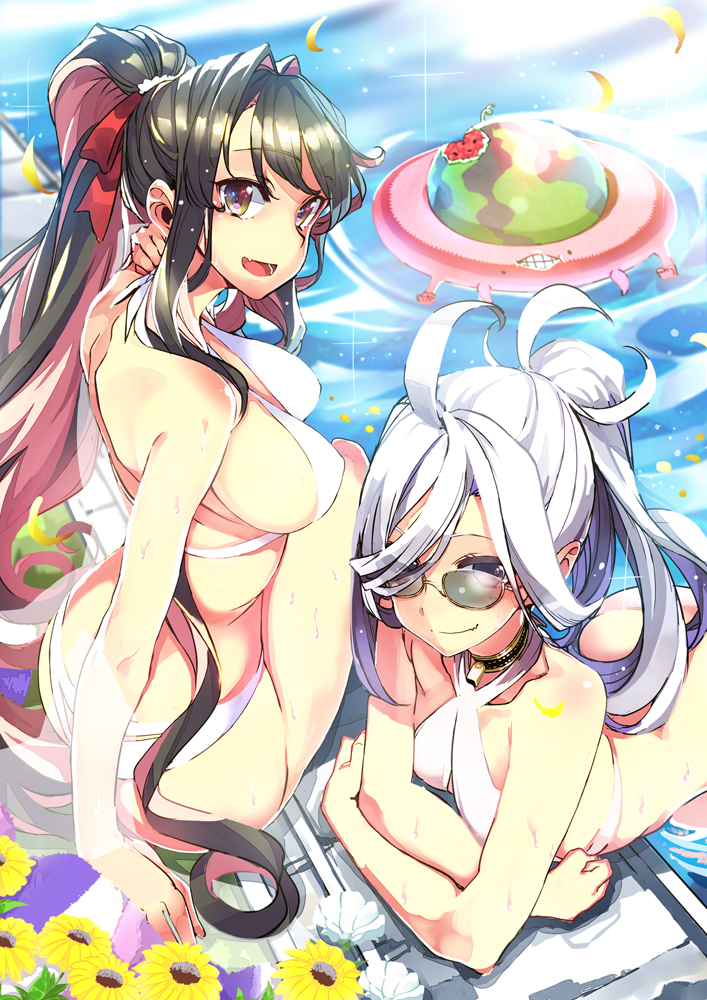 ahoge alternate_costume arm_support asashimo_(kantai_collection) ass bangs bare_shoulders bikini black_hair blush bow breasts choker collarbone commentary_request covered_nipples criss-cross_halter elbow_rest enemy_lifebuoy_(kantai_collection) eyebrows_visible_through_hair fang flower hair_between_eyes hair_over_one_eye hair_ribbon halter_top halterneck hand_on_own_neck hidori_(hibi_toridori) kantai_collection large_breasts leaning light_particles long_hair looking_at_viewer multicolored_hair multiple_girls naganami_(kantai_collection) open_mouth partially_submerged pink_hair ponytail poolside ribbon shiny shiny_skin silver_hair sitting smile sunglasses swimsuit teeth two-tone_hair wet white_bikini yellow_eyes