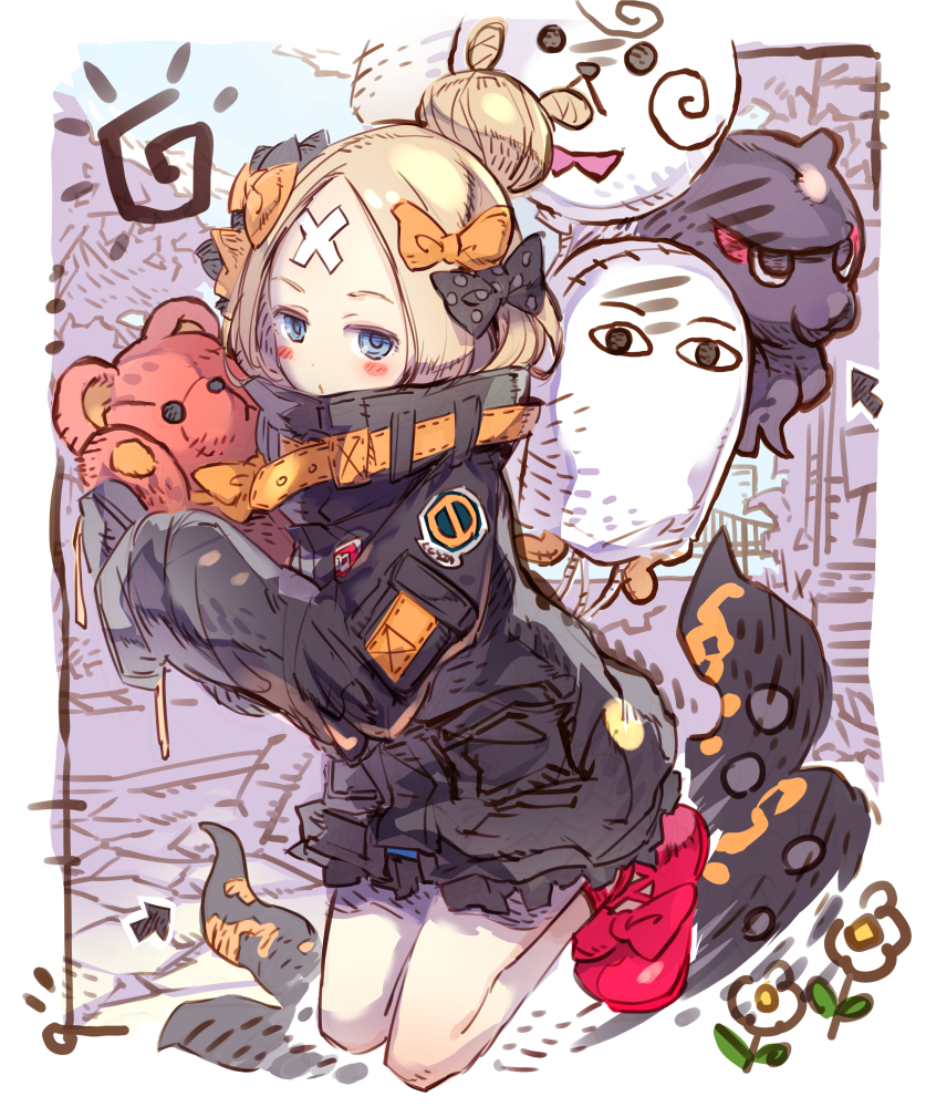 abigail_williams_(fate/grand_order) bangs black_bow black_jacket blonde_hair blue_eyes blush bow closed_mouth commentary_request crossed_bandaids directional_arrow fate/grand_order fate_(series) flower fou_(fate/grand_order) hair_bow hair_bun haku_(sabosoda) heroic_spirit_traveling_outfit jacket kneeling long_hair long_sleeves looking_at_viewer medjed object_hug orange_bow parted_bangs polka_dot polka_dot_bow red_bow red_footwear shoes sketch sleeves_past_fingers sleeves_past_wrists solo stuffed_animal stuffed_toy teddy_bear tentacles tokitarou_(fate/grand_order) white_flower