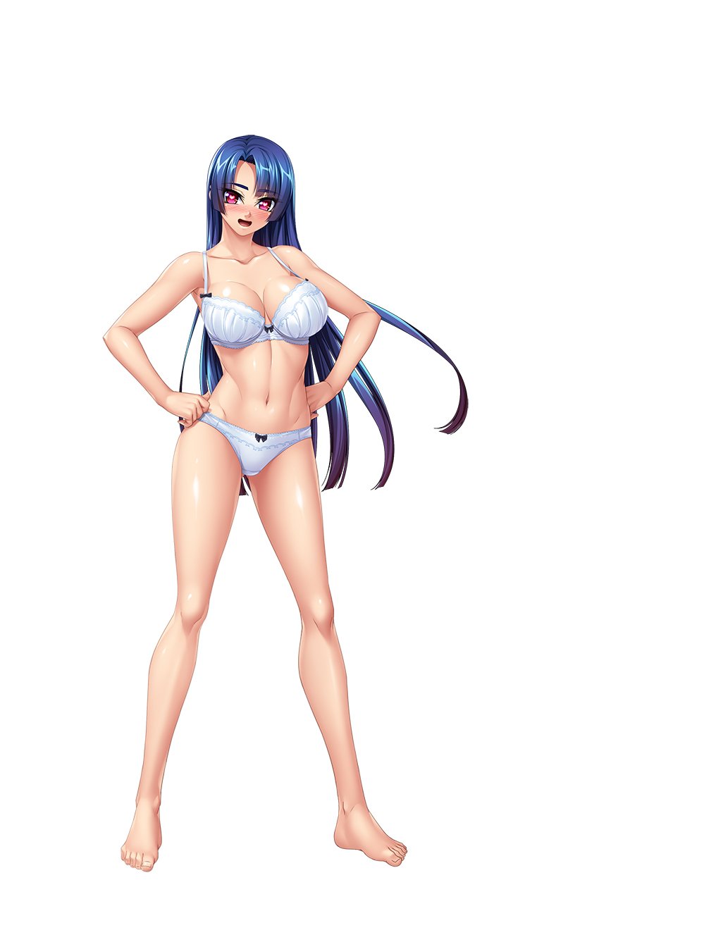 00s 1girl bangs bare_shoulders barefoot blue_hair blush bra breasts covered_navel curvy eyebrows_visible_through_hair female fishnets full_body gradient gradient_hair hands_on_hips happy heart heart-shaped_pupils highres kagami_hirotaka large_breasts lilith-soft long_hair looking_at_viewer multicolored_hair official_art open_mouth panties red_eyes shiny shiny_hair shiny_skin simple_background sleeveless smile solo standing symbol-shaped_pupils taimanin_(series) taimanin_asagi taimanin_asagi_zero taimanin_murasaki thighhighs underwear white_background yatsu_murasaki