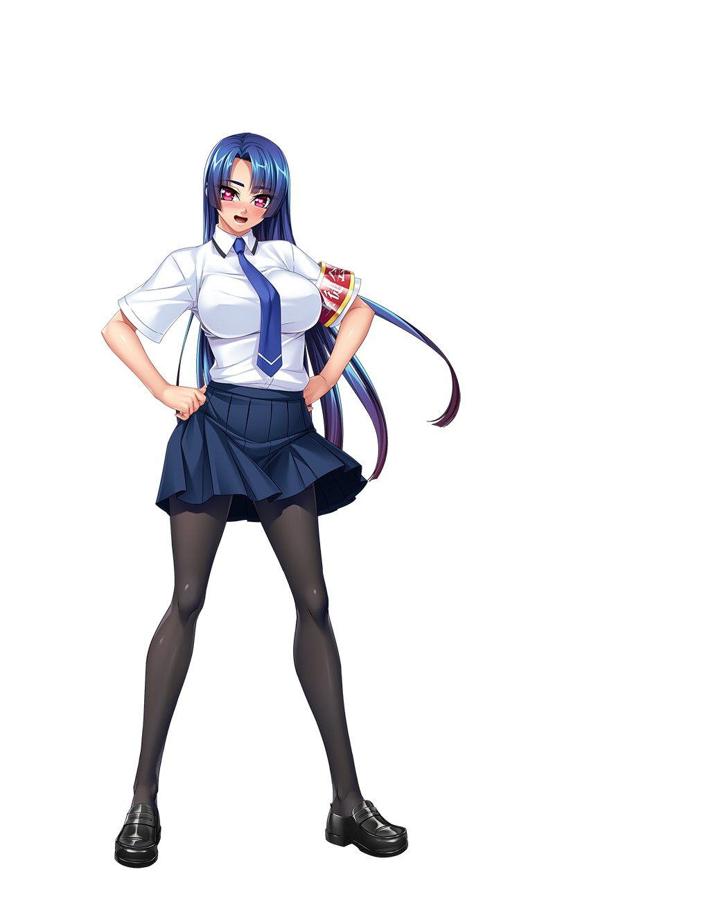 00s 1girl bangs bare_shoulders blue_hair blush breasts covered_navel curvy eyebrows_visible_through_hair female fishnets full_body gradient gradient_hair hands_on_hips happy heart heart-shaped_pupils highres kagami_hirotaka large_breasts lilith-soft long_hair looking_at_viewer multicolored_hair official_art open_mouth pantyhose red_eyes school_uniform shiny shiny_hair shiny_skin shoes simple_background skirt sleeveless smile solo standing symbol-shaped_pupils taimanin_(series) taimanin_asagi taimanin_asagi_zero taimanin_murasaki thighhighs white_background yatsu_murasaki
