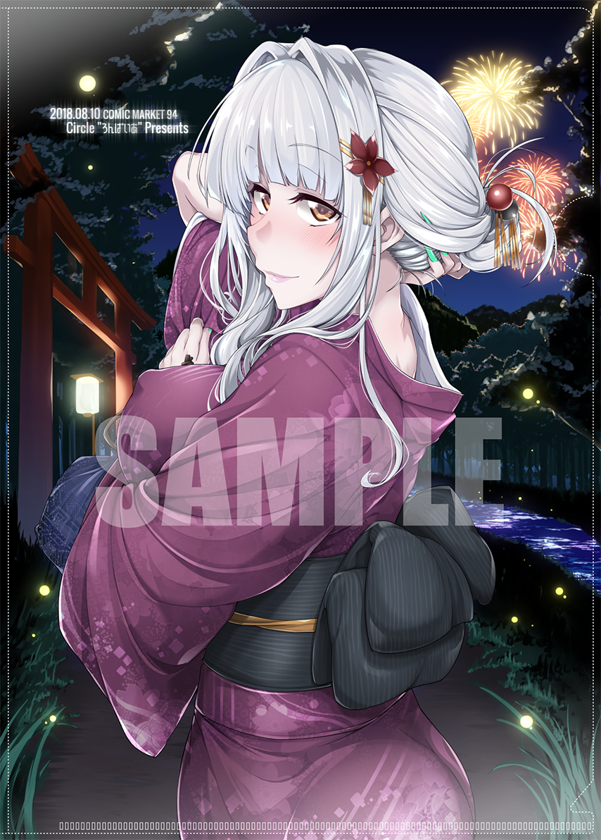 adjusting_hair blush breasts brown_eyes carmilla_(fate/grand_order) comiket commentary_request covered_nipples fate/grand_order fate_(series) fireworks flower forest fue_(rhomphair) hair_bobbles hair_flower hair_ornament japanese_clothes kimono large_breasts long_hair looking_at_viewer looking_back nature night river sample silver_hair smile solo torii yukata