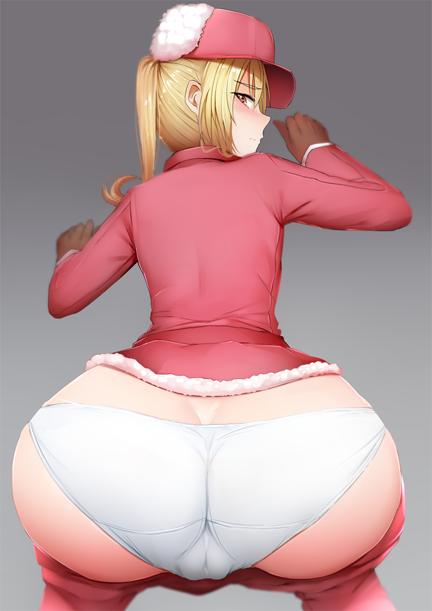 all_fours ass baseball_cap blonde_hair blush cameltoe eosinophil_(hataraku_saibou) eyebrows_visible_through_hair from_behind fur-trimmed_hat fur_hat ginhaha gloves gradient gradient_background grey_background hat hataraku_saibou jacket long_hair looking_at_viewer looking_back panties pants_down red_eyes simple_background solo twintails underwear ushanka white_panties