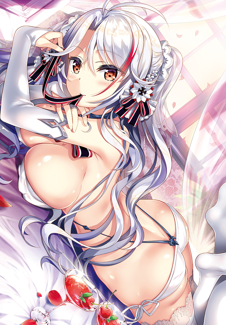 alternate_costume antenna_hair ass azur_lane bare_shoulders bikini black_ribbon blush breasts cherry cup curtains detached_sleeves drinking_glass food fruit fujima_takuya hair_ornament hair_ribbon juice large_breasts long_hair looking_at_viewer lying mole mole_on_breast mouth_hold multicolored_hair on_stomach petals prinz_eugen_(azur_lane) red_eyes red_hair ribbon silver_hair solo streaked_hair swimsuit two_side_up white_bikini window
