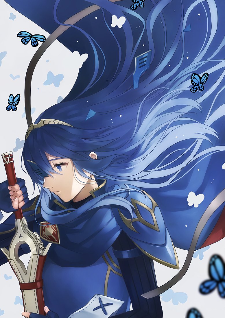 aym_(ash3ash3ash) bangs blue_cape blue_eyes blue_gloves blue_hair broken_mask bug butterfly cape closed_mouth commentary english_commentary falchion_(fire_emblem) fingerless_gloves fire_emblem fire_emblem:_kakusei fire_emblem_heroes gloves hair_between_eyes holding holding_sword holding_weapon insect long_hair lucina mask mask_removed ribbed_sweater sheath shoulder_armor standing sweater sword tiara weapon