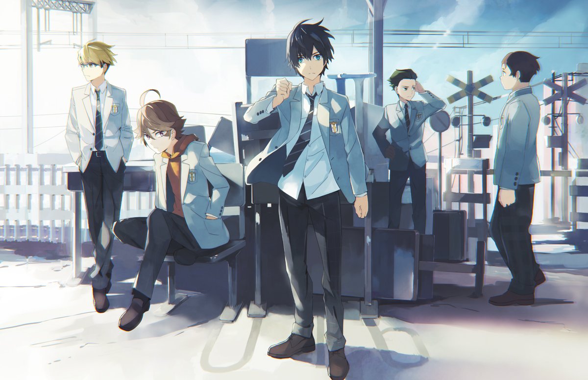 5boys ahoge black_hair blazer blonde_hair blue_eyes brown_eyes brown_hair contemporary darling_in_the_franxx futoshi_(darling_in_the_franxx) glasses gorou_(darling_in_the_franxx) hands_in_pockets hiro_(darling_in_the_franxx) jacket mitsuru_(darling_in_the_franxx) multiple_boys necktie school_uniform short_hair sitting standing takerusilt zorome_(darling_in_the_franxx)