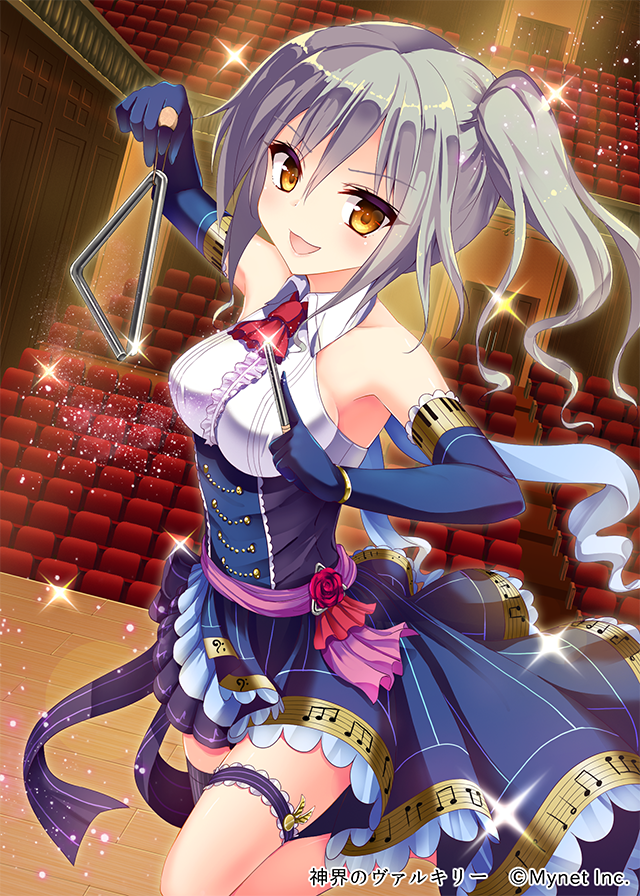 :d bare_shoulders bass_clef beamed_eighth_notes blue_gloves blue_ribbon breasts brown_eyes center_frills chair character_request cravat dutch_angle elbow_gloves glint gloves gold_trim holding holding_instrument indoors instrument legband medium_breasts medium_hair musical_note musical_note_print natsumi official_art open_mouth piano_print quarter_note red_neckwear ribbon shinkai_no_valkyrie side_ponytail silver_hair smile solo sparkle stage standing theater triangle_(instrument) underbust watermark wing_collar