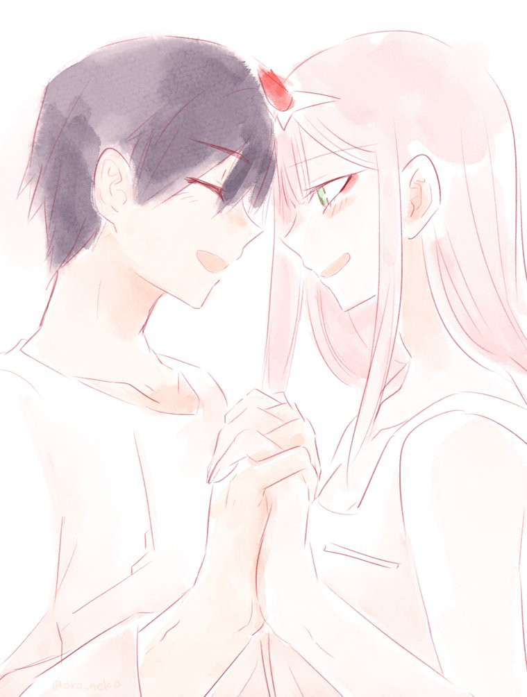 1boy 1girl bangs black_hair blush commentary_request couple darling_in_the_franxx eyebrows_visible_through_hair eyes_closed face-to-face facing_another forehead-to-forehead green_eyes hair_ornament hairband hand_holding hetero hiro_(darling_in_the_franxx) horns interlocked_fingers long_hair looking_at_another nightgown oni_horns oroneko pajamas pink_hair red_horns short_hair white_hairband zero_two_(darling_in_the_franxx)